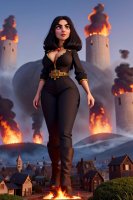 breasts drawing giantess mega black_hair destruction cleavage boots fire village tower cruel pants necklace belt thick_thighs ai_art