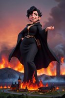breasts drawing giantess black_hair destruction fantasy buildings smiling dress fire tower outdoors belt hands_on_hips ai_art