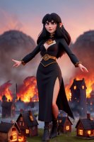 breasts drawing giantess black_hair long_hair destruction fantasy high_heels buildings elf dress fire village belt pointed_ears ai_art