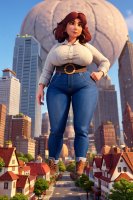 breasts drawing giantess city mega large_breasts buildings jeans brunette boots bbw milf earrings belt hands_on_hips thick_thighs ai_art