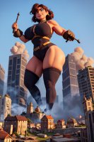 breasts drawing giantess city mega large_breasts destruction rampage buildings brunette socks gloves muscles milf point_of_view earrings leotard thick_thighs ai_art