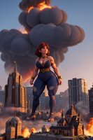 breasts drawing giantess city destruction toes cleavage buildings brunette sandals muscles fire collar smoke milf belt bracelet thick_thighs ai_art