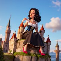 breasts drawing giantess mega black_hair fantasy high_heels castle dress necklace cliff sitting_on_building ai_art