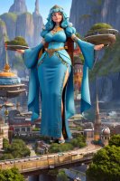 breasts drawing giantess city mega long_hair bridge fantasy blue_hair crown mountains highway belt thick_thighs ai_art