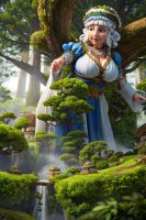 breasts drawing giantess white_hair mega fantasy cleavage water waterfall dress village forest necklace trees belt ai_art