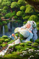 breasts drawing giantess white_hair mega large_breasts long_hair fantasy waterfall dress forest closed_eyes trees ai_art