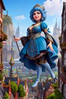 breasts drawing giantess city mega fantasy buildings blue_hair goddess dress boots crown mountains staff milf cliff ai_art