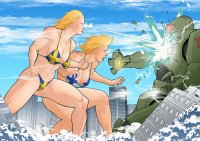 bikini breasts drawing giantess city mega blonde color swimsuit robot destruction cleavage buildings muscles abs fighting giantesses flag_bra fists laser_eyes heat_vision redgvicente
