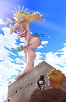 bikini drawing giantess mega blonde color large_breasts long_hair butt blue_eyes toes barefoot cleavage red_hair crown camera cosplay clouds thighs point_of_view statue_of_liberty flag bending_down torch winking looking_at_tiny bare_legs flag_bra zerohour99 bare_midriff