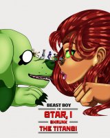 drawing giantess micro wings dog alien blonde black_hair color long_hair claws green_eyes raven teen_titans red_hair starfire beast_boy robin parody shrunken_woman shrunken_man pants dark_skin poster cape top belt cyborg hood glowing_eyes no_background green_skin dc_comics on_nose orange_skin bare_legs grey_skin looking_at_tinies bumblebee terra_(teen_titans) terra ulla-h