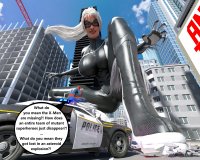 breasts giantess white_hair city mega large_breasts destruction claws rampage buildings smiling ponytail foot_crush phone mask crouching costume point_of_view construction_site dialogue police_car crane zipper looking_at_tiny digital_render black_cat spider-man marvel_comics felicia_hardy anttiergod