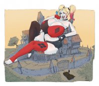 breasts drawing giantess mega blonde color destruction toes cleavage buildings huge_breasts socks gloves harley_quinn sitting twintails shorts collar batman gate outdoors costume top belt ripped_clothing berggie sitting_on_building white_skin wall thick_thighs looking_at_tiny dc_comics bare_legs batmobile bare_midriff hair_streak arkham_asylum