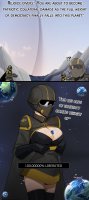 breasts drawing giantess giga space comic color large_breasts armor destruction planet cleavage gun skirt gloves spaceship boots mountains cape planet_destruction dialogue helmet cosmic_giantess bare_legs between_breasts anybrody terra helldivers