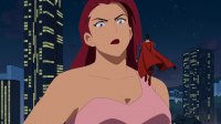 breasts drawing giantess collage city mega black_hair color long_hair blue_eyes cleavage buildings giganta red_hair dress lipstick night costume superman cape looking_at_tiny dc_comics my_adventures_with_superman sheistall