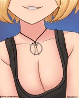 breasts drawing giantess nude blonde color large_breasts long_hair cleavage brunette smiling short_hair bondage shrunken_woman entrapment necklace top no_background human_jewelry khalcifieron