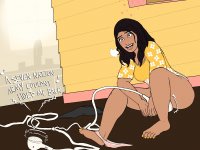 breasts drawing panties masturbation black_hair color barefoot kitchen headphones shrunken_woman dark_skin thighs sink shirt dialogue yellow_nails sweaterpupster orgasm_face