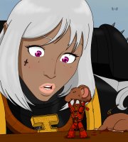 drawing white_hair color long_hair armor purple_hair blood mouse shrunken_man dark_skin tattoo freckles necklace axe helmet looking_at_tiny warhammer_40k spikes confused techmaguskhobotov sister_of_battle