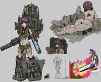 drawing giantess nude mega color butt armor barefoot gun skirt buildings red_eyes military tank pink_hair necklace belt cyborg titan looking_at_tiny warhammer_40k concept_art bare_midriff eye_patch