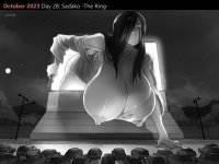 breasts drawing nipples giantess mega monochrome black_hair large_breasts long_hair butt cleavage buildings moon crawling vehicles night thighs ripped_clothing drive_in_theater lamppost hair_covering_eyes the_ring sadako pectoriah movie_screen