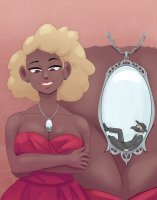 breasts drawing giantess blonde color cleavage brunette purple_eyes smiling dress shrunken_man suit mask dark_skin hat necklace earrings no_background human_jewelry sihagen
