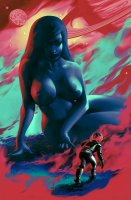 breasts drawing nipples giantess nude mega space color long_hair moon lying_down planets thighs astronaut stars fog spacesuit looking_at_tiny cosmic_giantess billy_nunez