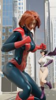 breasts giantess city black_hair large_breasts long_hair crossover buildings green_eyes gloves red_hair boots muscles bodysuit fist costume superman lois_lane cape giant_girl belt leotard hands_on_hips power_girl digital_render dc_comics mary_jane spider-man marvel_comics earth_20052 ci0
