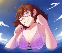 bikini breasts drawing giantess mega color swimsuit bandages cleavage water ocean glasses brunette purple_eyes yellow_eyes smiling cruise_ship ships hairband looking_at_tiny tugging sihagen