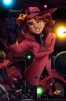 breasts drawing giantess giga space color long_hair planet green_eyes smiling moon gloves red_hair sun boots carmen_sandiego reaching pocket dark_skin hat jacket earrings stars hands_on_hips zipper asteroids thief pinched cosmic_giantess cutaway zerohour99 black_hole omni