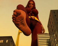 breasts giantess city mega large_breasts long_hair toes barefoot rampage cleavage red_eyes gloves red_hair costume point_of_view looking_at_viewer phoenix x-men imminent_crush digital_render jean_grey marvel_comics harbingerinfinit