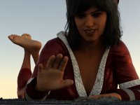 breasts giantess giga city mega black_hair destruction toes barefoot cleavage brown_eyes smiling lying_down hand_crush dark_skin smoke freckles legs_crossed digital_render ms_marvel marvel_comics kamala_khan santa_suit harbingerinfinit