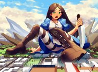 breasts drawing giantess city mega upskirt black_hair color long_hair destruction skirt buildings green_eyes stockings socks dress boots sitting clouds striped_stockings alice_in_wonderland necklace madness_returns trees knife cracked_ground alice gareit0 looking_at_tinies