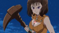 breasts giantess color large_breasts cleavage anime brunette purple_eyes gloves night hammer king seven_deadly_sins war_hammer between_breasts diane_(seven_deadly_sins)