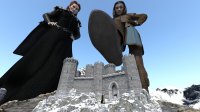 breasts giantess mega skirt brunette castle gloves red_hair dress short_hair boots mountains giantesses snow cape belt hands_on_hips imminent_crush looking_at_tiny digital_render game_of_thrones sansa_stark celton arya_stark
