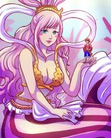 breasts drawing giantess white_hair tail color blue_eyes handheld one_piece cleavage bra mermaid hat monkey_d_luffy shirahoshi looking_at_tiny bare_midriff