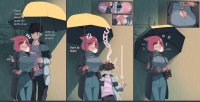 breasts drawing city comic black_hair color shrinking pink_hair rain shrunken_man pants jacket umbrella dropped dialogue between_breasts iwillsunder narine