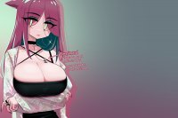 breasts drawing giantess color long_hair cleavage green_eyes huge_breasts slave pink_hair collar shrunken_man chain choker arms_crossed purple_nails no_background iwillsunder narine