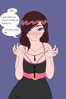 breasts drawing giantess color long_hair blue_eyes cleavage brunette dress shrunken_men screeeow looking_at_viewer belt dialogue no_background anon human_clothing
