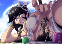 breasts drawing giantess white_hair black_hair color butt armor blue_eyes sword barefoot cleavage bra skirt red_hair lying_down muscles reaching shrunken_woman game cape top halo belt bracelet hairband spear dice shield helmet pointed_ears figurine zerohour99 bare_midriff helltaker azazel_(helltaker)