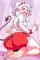 breasts drawing white_hair horns masturbation tail angel color butt penis toes barefoot demon brunette kneeling demoness shorts shrunken_man indoors halo bracelet sweet looking_behind heart_shape_eyes spittyart