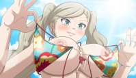 breasts drawing nipples giantess blonde color large_breasts swimsuit blue_eyes barefoot cleavage smiling twintails abs shrunken_man grey_hair undressing earrings looking_at_tiny thedaibijin ann persona_5 ann_takamaki ryuji