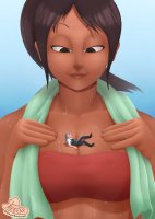 breasts drawing giantess black_hair color cleavage bra glasses blue_hair brown_eyes ponytail shrunken_woman dark_skin towel sweet no_background looking_at_tiny on_breasts bare_midriff visualbackwash redcap