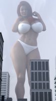 breasts giantess panties city mega large_breasts long_hair cleavage bra buildings red_hair thighs looking_at_viewer fog digital_render bare_legs bare_midriff gtsartistry