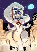 breasts drawing giantess white_hair furry tail city mega color long_hair blue_eyes crossover buildings skunk moon socks gloves boots cosplay night hat costume chloe leotard stars jollyjack ghostbusters stay_puft_marshmallow_man
