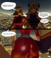 giantess horns city mega blonde comic large_breasts long_hair butt buildings gloves short_hair giantesses mask night clover totally_spies belt jumpsuit dialogue hands_on_hips thick_thighs digital_render my_hero_academia mt._lady hand_on_butt trc_tooniversity