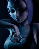 breasts giantess cleavage purple_hair purple_eyes raven teen_titans shrunken_man pushing_down no_background looking_at_tiny digital_render dc_comics grey_skin between_breasts sprankeez