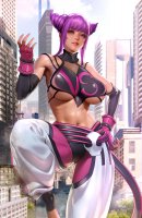 breasts drawing giantess city mega color large_breasts destruction barefoot bra buildings purple_hair purple_eyes gloves street_fighter pants cosplay thighs bare_shoulders hands_on_hips juri_han mtolympuscomics