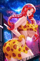 breasts drawing giantess city mega color large_breasts butt blue_eyes cleavage skirt buildings moon giganta red_hair cosplay night red_nails braid top looking_at_viewer bracelet hands_on_hips leopard_print dc_comics bare_midriff mtolympuscomics terra