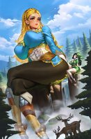 breasts drawing giantess mega blonde black_hair color large_breasts long_hair water green_eyes waterfall multiple_sizes tree elf boots sitting giantesses forest pants cosplay hat point_of_view belt legs_crossed deer the_legend_of_zelda mtolympuscomics princess_zelda_(the_legend_of_zelda) larissa