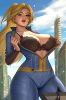 breasts drawing giantess city mega blonde black_hair color large_breasts long_hair cleavage bra buildings green_eyes ponytail boots cosplay thighs undressing earrings jumpsuit zipper looking_at_tiny fallout mtolympuscomics larissa
