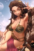 bikini breasts drawing giantess mega alien color cleavage brunette brown_eyes slave star_wars cosplay earrings pointing hands_on_hips loincloth iris death_star bare_legs princess_leia tatooine leaning_against_wall bare_midriff looking_at_tinies mtolympuscomics metal_bikini jawa